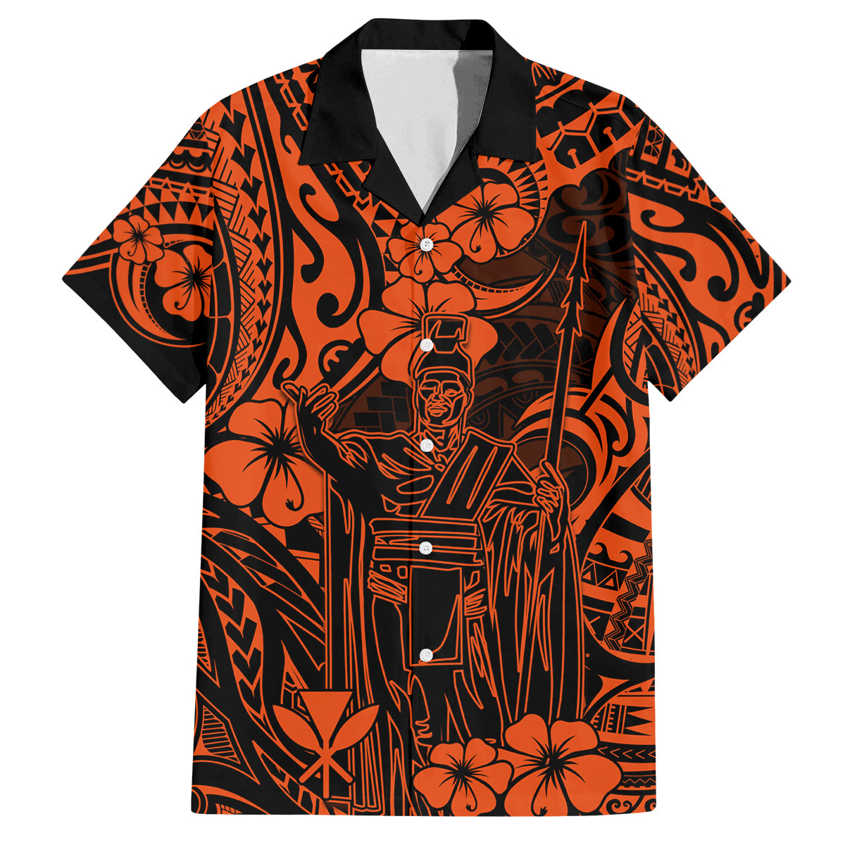 Hawaii King Kamehameha Family Matching Off Shoulder Long Sleeve Dress and Hawaiian Shirt Polynesian Pattern Orange Version LT01 Dad's Shirt - Short Sleeve Orange - Polynesian Pride