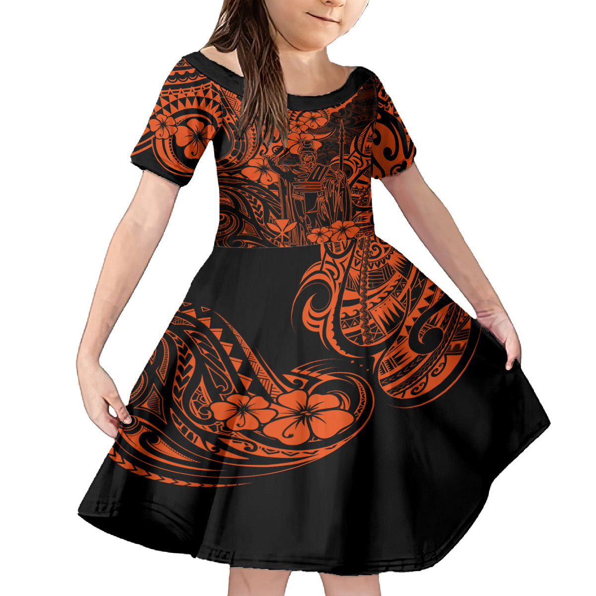 Hawaii King Kamehameha Family Matching Summer Maxi Dress and Hawaiian Shirt Polynesian Pattern Orange Version LT01 Daughter's Dress Orange - Polynesian Pride