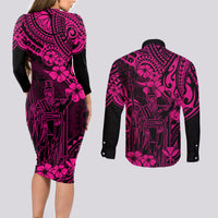 Hawaii King Kamehameha Couples Matching Long Sleeve Bodycon Dress and Long Sleeve Button Shirts Polynesian Pattern Pink Version LT01 - Polynesian Pride