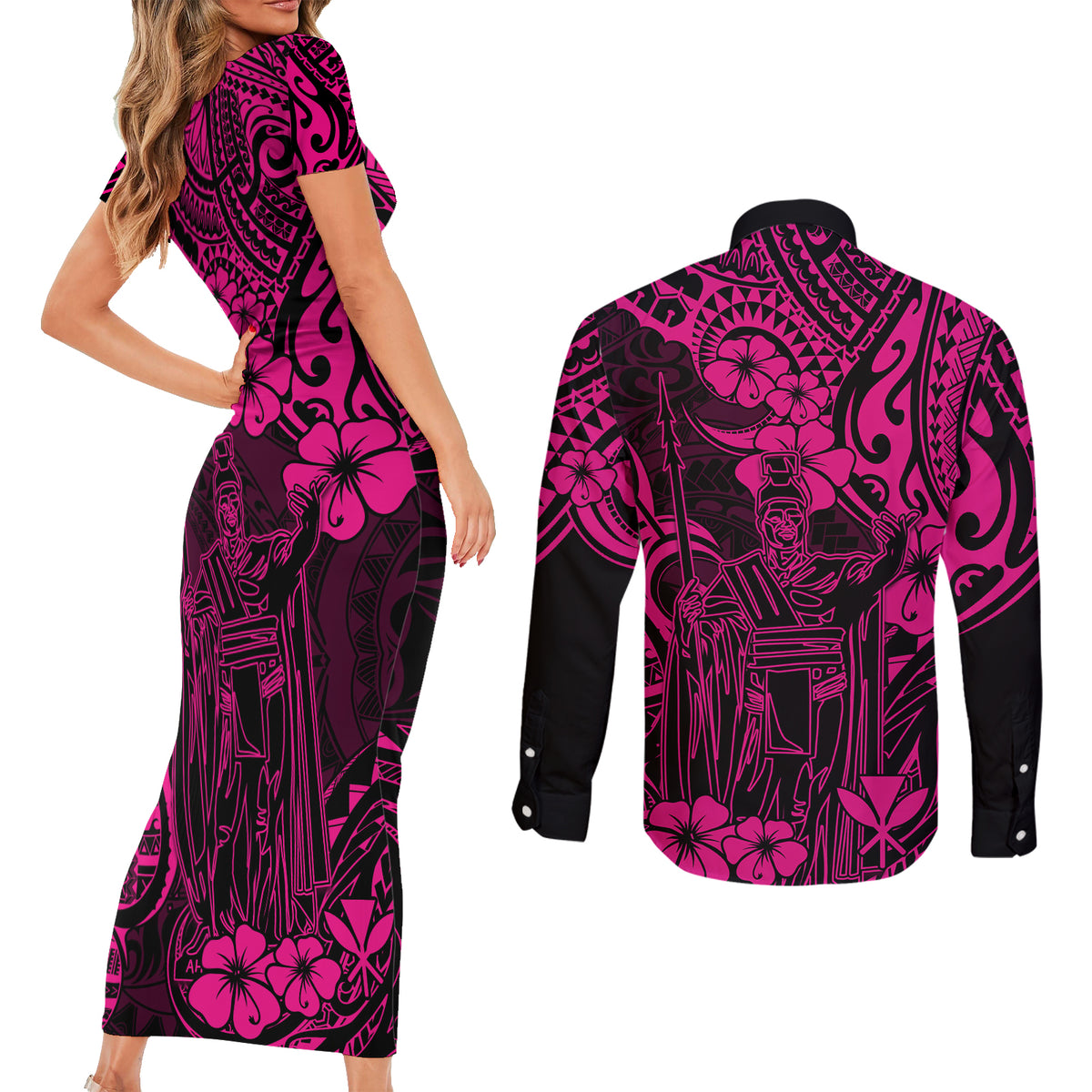 Hawaii King Kamehameha Couples Matching Short Sleeve Bodycon Dress and Long Sleeve Button Shirts Polynesian Pattern Pink Version LT01 - Polynesian Pride