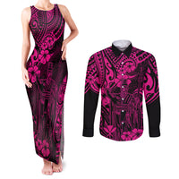 Hawaii King Kamehameha Couples Matching Tank Maxi Dress and Long Sleeve Button Shirts Polynesian Pattern Pink Version LT01 Pink - Polynesian Pride