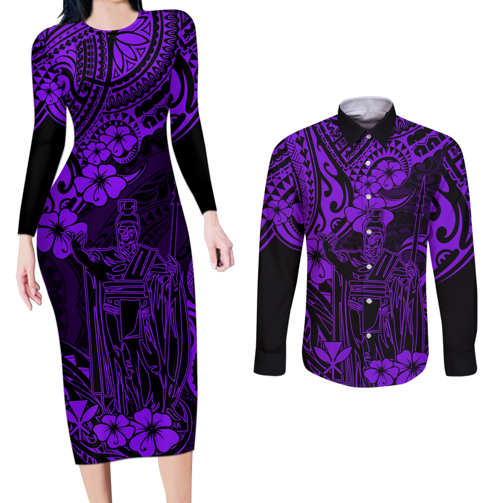 Hawaii King Kamehameha Couples Matching Long Sleeve Bodycon Dress and Long Sleeve Button Shirts Polynesian Pattern Purple Version LT01 Purple - Polynesian Pride