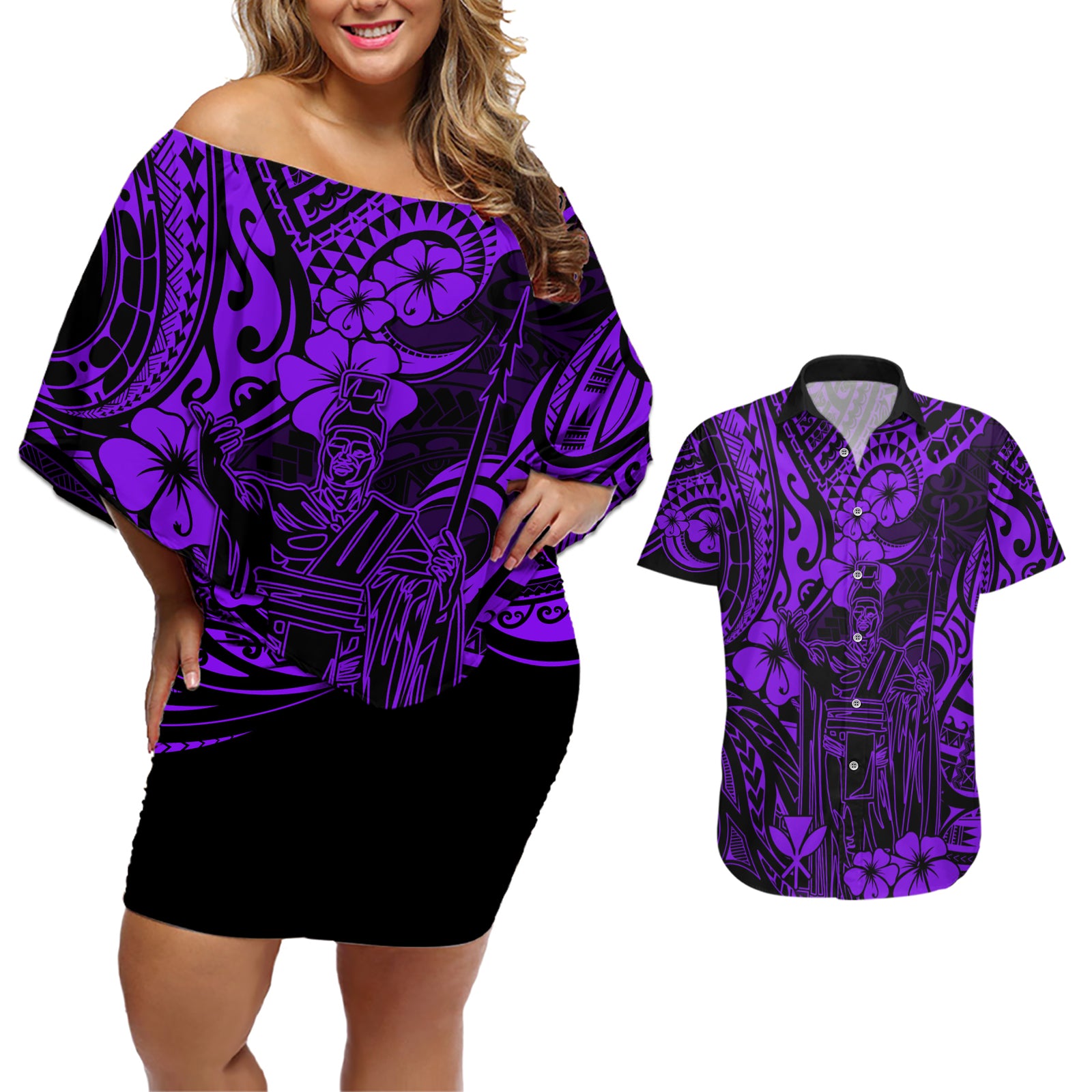 Hawaii King Kamehameha Couples Matching Off Shoulder Short Dress and Hawaiian Shirt Polynesian Pattern Purple Version LT01 Purple - Polynesian Pride
