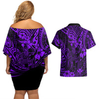 Hawaii King Kamehameha Couples Matching Off Shoulder Short Dress and Hawaiian Shirt Polynesian Pattern Purple Version LT01 - Polynesian Pride