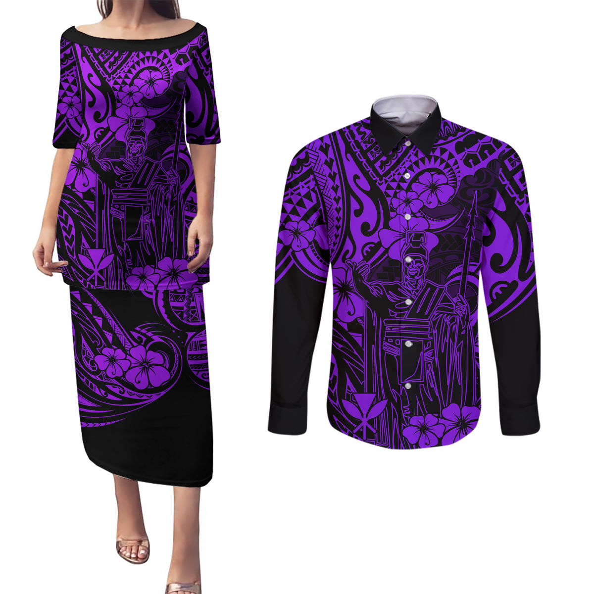Hawaii King Kamehameha Couples Matching Puletasi Dress and Long Sleeve Button Shirts Polynesian Pattern Purple Version LT01 Purple - Polynesian Pride