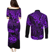 Hawaii King Kamehameha Couples Matching Puletasi Dress and Long Sleeve Button Shirts Polynesian Pattern Purple Version LT01 - Polynesian Pride