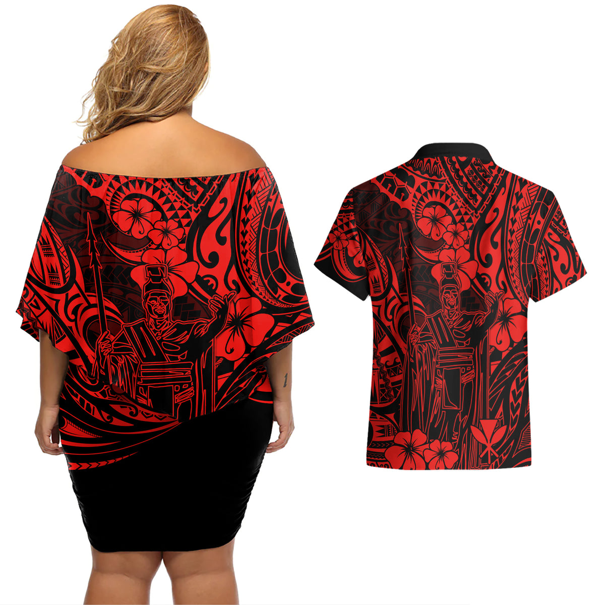Hawaii King Kamehameha Couples Matching Off Shoulder Short Dress and Hawaiian Shirt Polynesian Pattern Red Version LT01 - Polynesian Pride