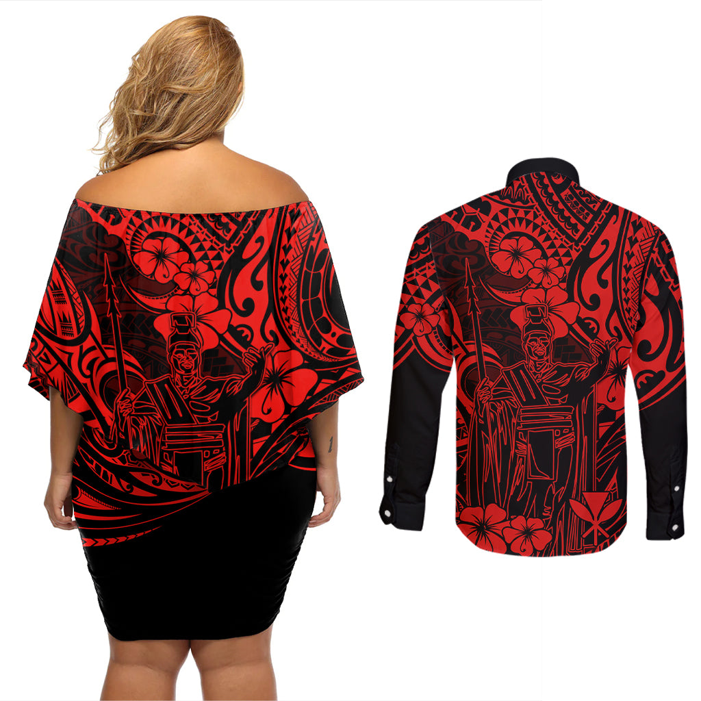 Hawaii King Kamehameha Couples Matching Off Shoulder Short Dress and Long Sleeve Button Shirts Polynesian Pattern Red Version LT01 - Polynesian Pride