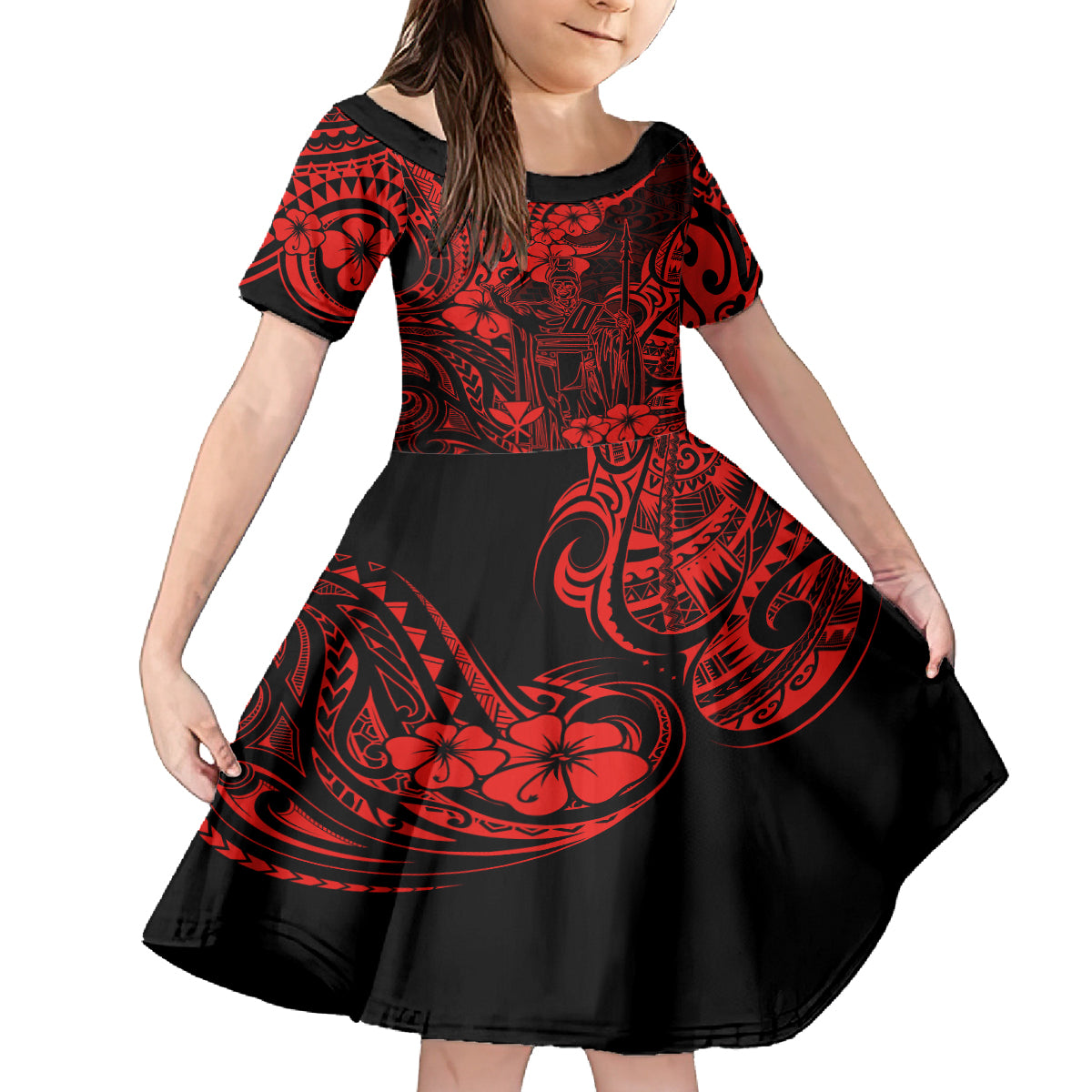 Hawaii King Kamehameha Family Matching Tank Maxi Dress and Hawaiian Shirt Polynesian Pattern Red Version LT01 Daughter's Dress Red - Polynesian Pride