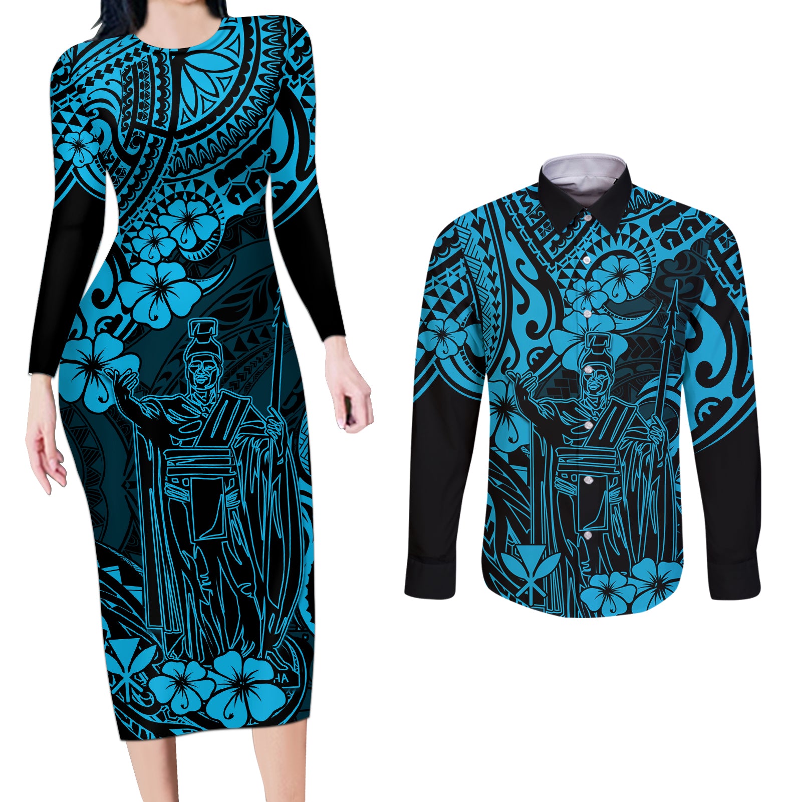 Hawaii King Kamehameha Couples Matching Long Sleeve Bodycon Dress and Long Sleeve Button Shirts Polynesian Pattern Sky Blue Version LT01 Blue - Polynesian Pride