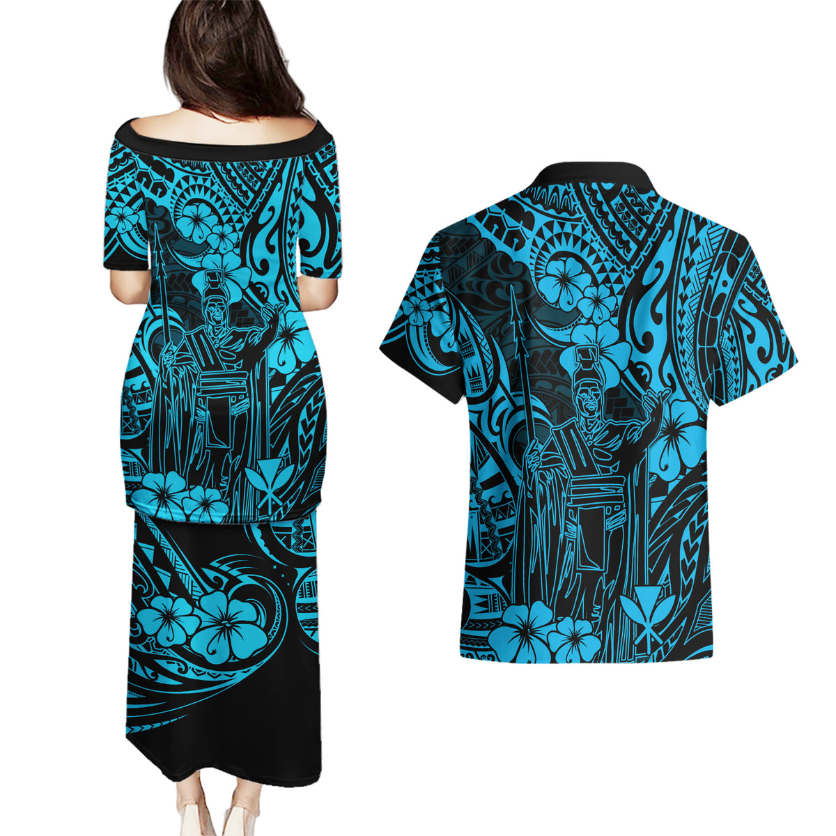 Hawaii King Kamehameha Couples Matching Puletasi Dress and Hawaiian Shirt Polynesian Pattern Sky Blue Version LT01 - Polynesian Pride