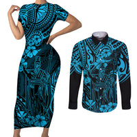 Hawaii King Kamehameha Couples Matching Short Sleeve Bodycon Dress and Long Sleeve Button Shirts Polynesian Pattern Sky Blue Version LT01 Blue - Polynesian Pride