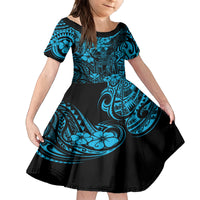 Hawaii King Kamehameha Family Matching Long Sleeve Bodycon Dress and Hawaiian Shirt Polynesian Pattern Sky Blue Version LT01 Daughter's Dress Blue - Polynesian Pride