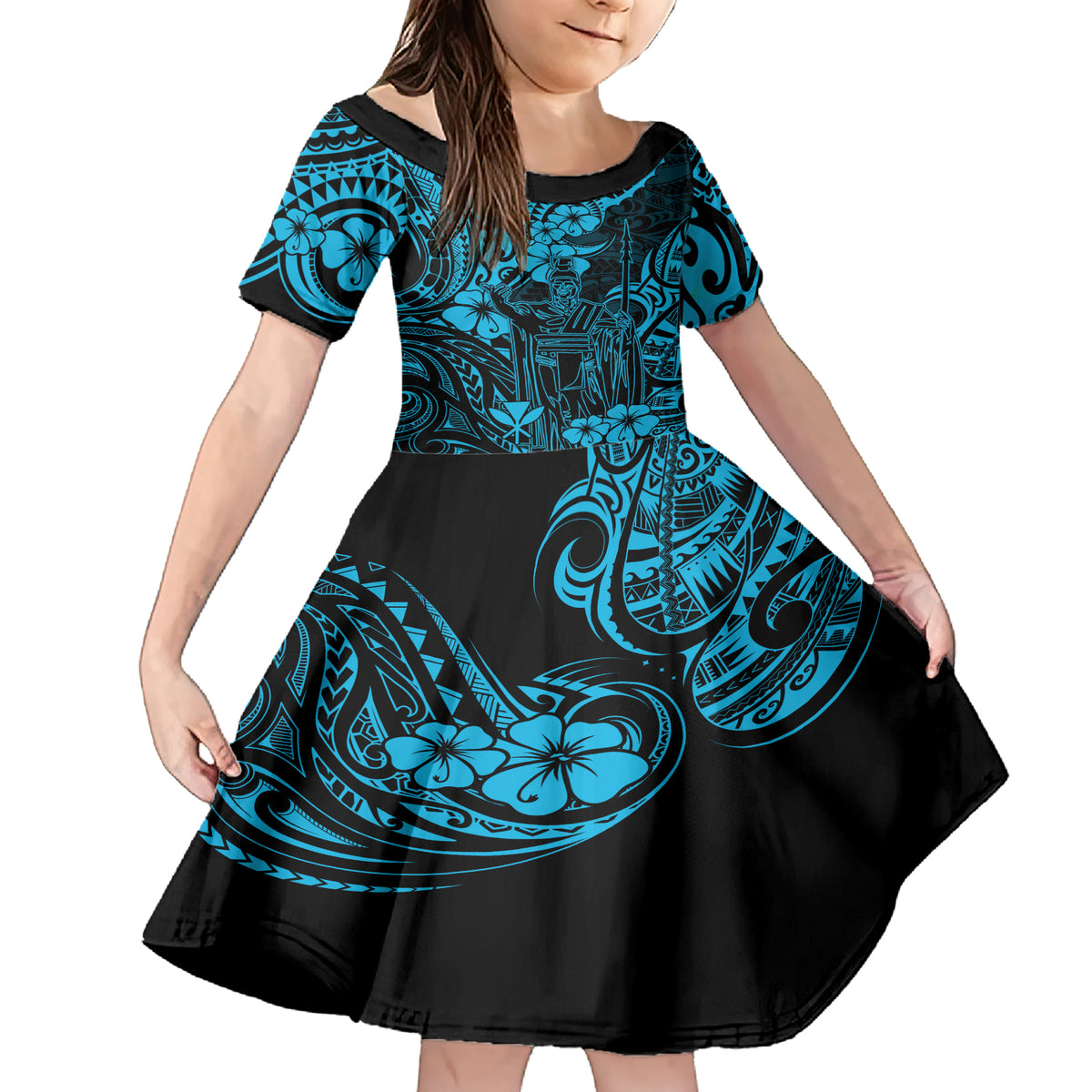 Hawaii King Kamehameha Family Matching Short Sleeve Bodycon Dress and Hawaiian Shirt Polynesian Pattern Sky Blue Version LT01 Daughter's Dress Blue - Polynesian Pride
