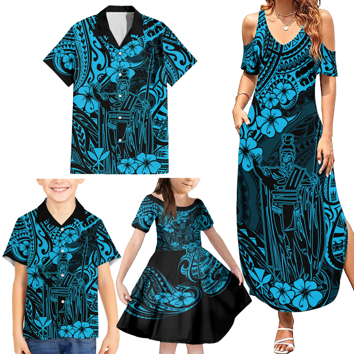 Hawaii King Kamehameha Family Matching Summer Maxi Dress and Hawaiian Shirt Polynesian Pattern Sky Blue Version LT01 - Polynesian Pride
