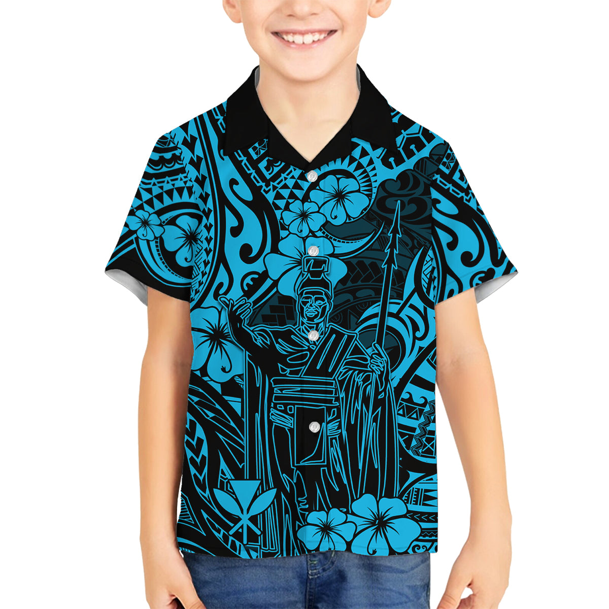Hawaii King Kamehameha Family Matching Tank Maxi Dress and Hawaiian Shirt Polynesian Pattern Sky Blue Version LT01 Son's Shirt Blue - Polynesian Pride