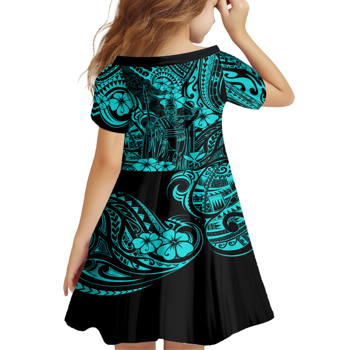 Hawaii King Kamehameha Family Matching Off Shoulder Short Dress and Hawaiian Shirt Polynesian Pattern Turquoise Version LT01 - Polynesian Pride