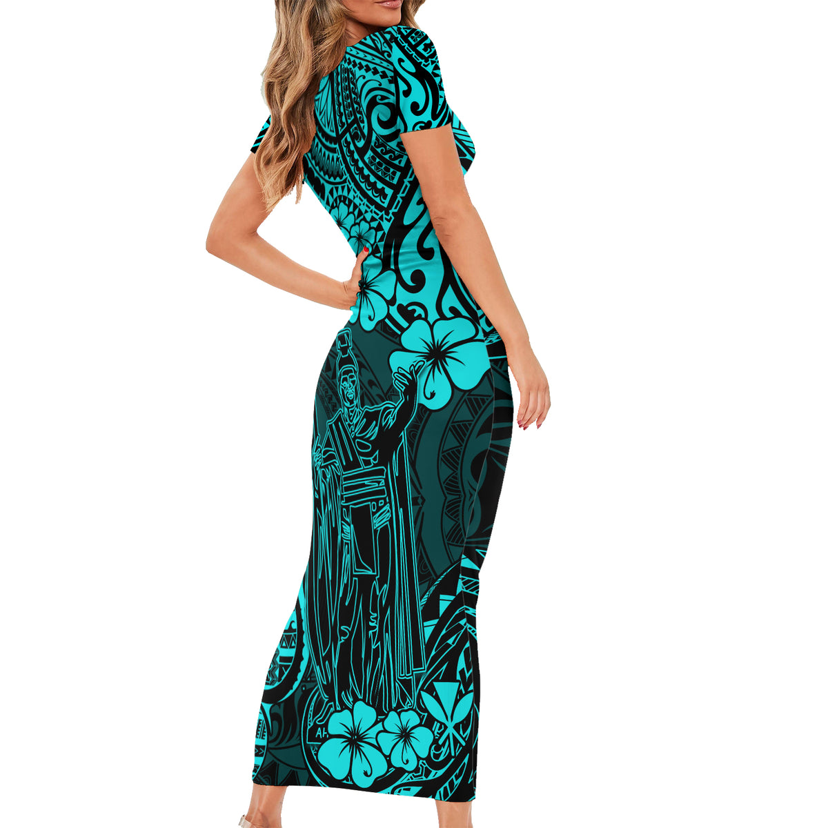 Hawaii King Kamehameha Short Sleeve Bodycon Dress Polynesian Pattern Turquoise Version LT01 - Polynesian Pride