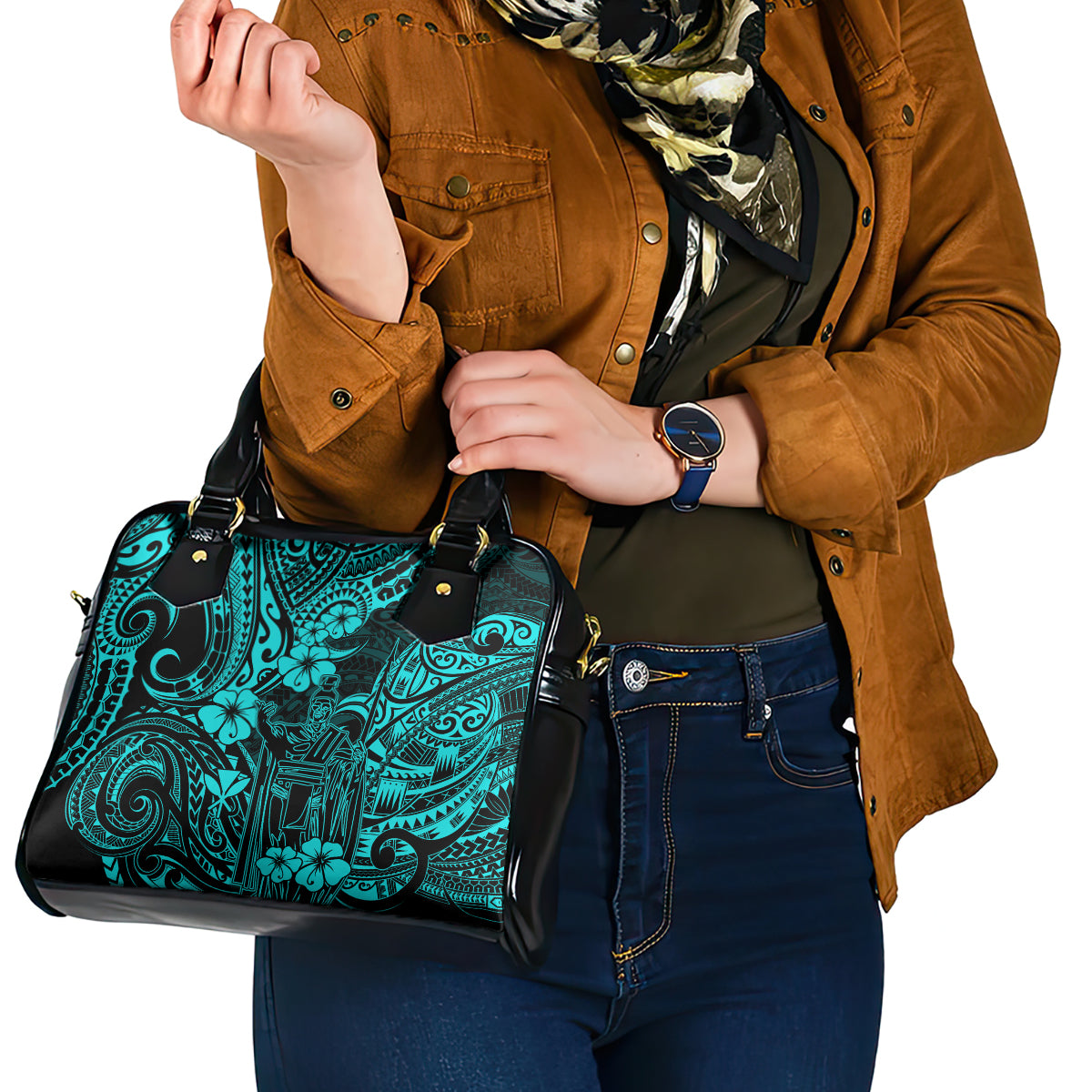 Hawaii King Kamehameha Shoulder Handbag Polynesian Pattern Turquoise Version LT01 - Polynesian Pride