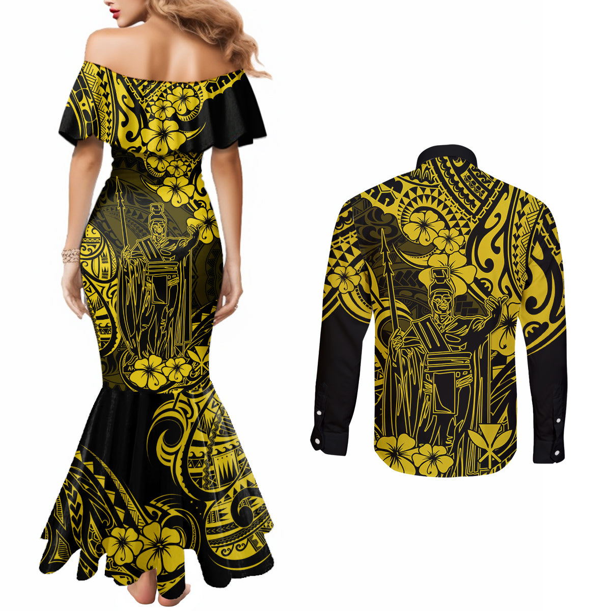 Hawaii King Kamehameha Couples Matching Mermaid Dress and Long Sleeve Button Shirts Polynesian Pattern Yellow Version LT01 - Polynesian Pride