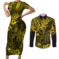 Hawaii King Kamehameha Couples Matching Short Sleeve Bodycon Dress and Long Sleeve Button Shirts Polynesian Pattern Yellow Version LT01 Yellow - Polynesian Pride