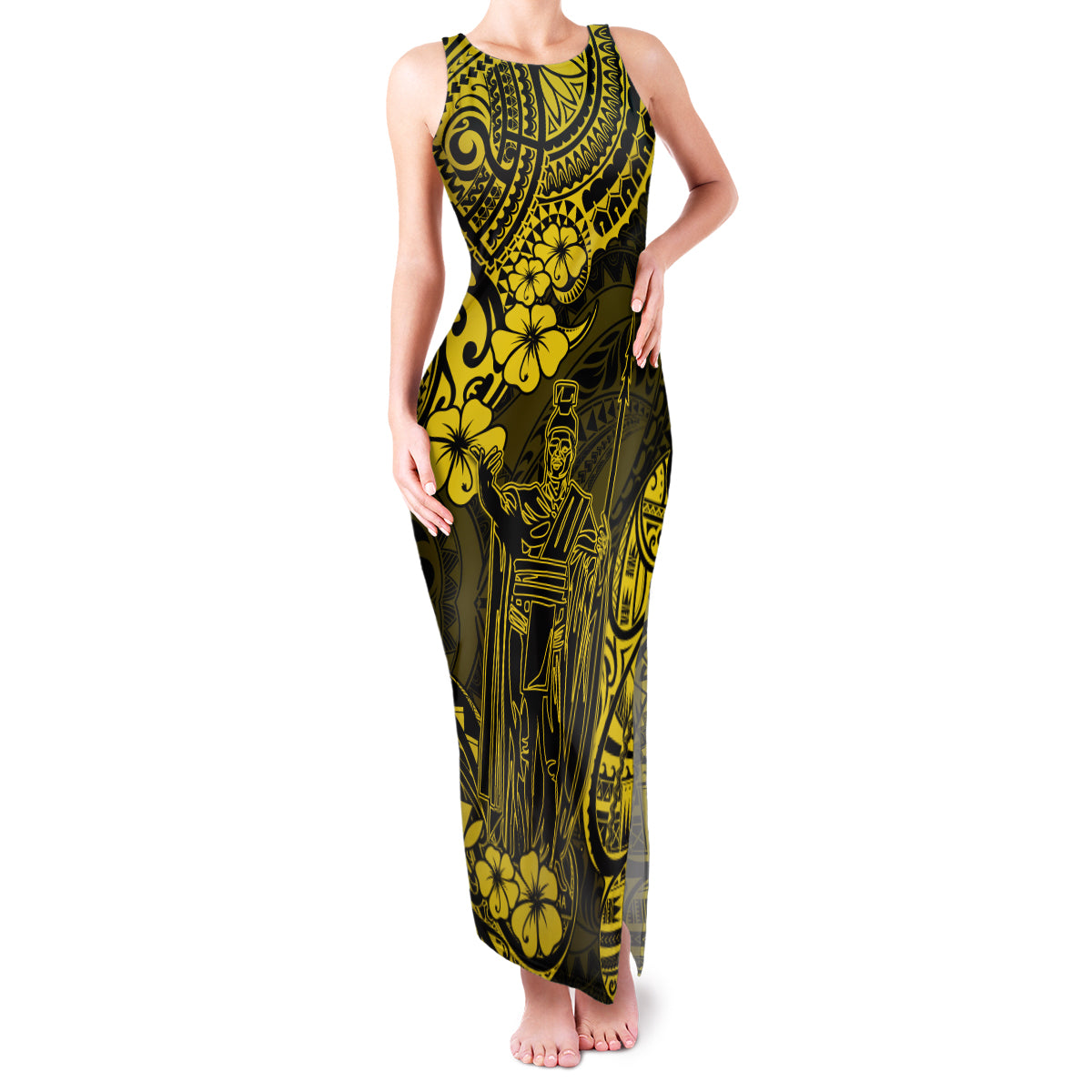 Hawaii King Kamehameha Family Matching Tank Maxi Dress and Hawaiian Shirt Polynesian Pattern Yellow Version LT01 Mom's Dress Yellow - Polynesian Pride