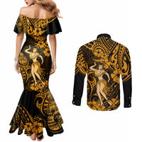 Hawaii Hula Girl Couples Matching Mermaid Dress and Long Sleeve Button Shirts Polynesian Pattern Gold Version LT01 - Polynesian Pride