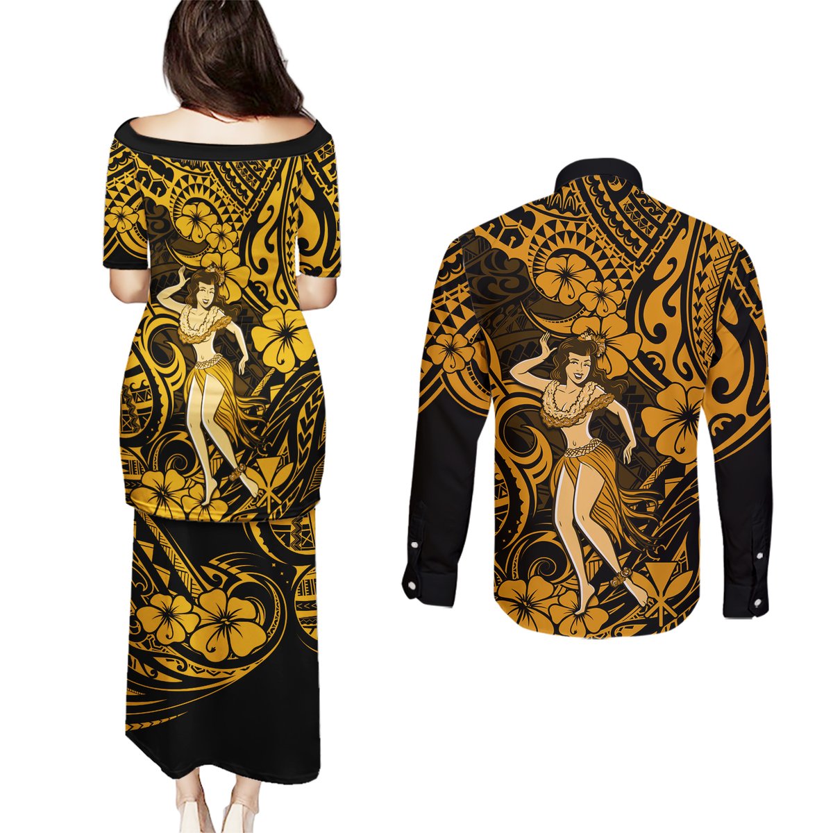 Hawaii Hula Girl Couples Matching Puletasi Dress and Long Sleeve Button Shirts Polynesian Pattern Gold Version LT01 - Polynesian Pride