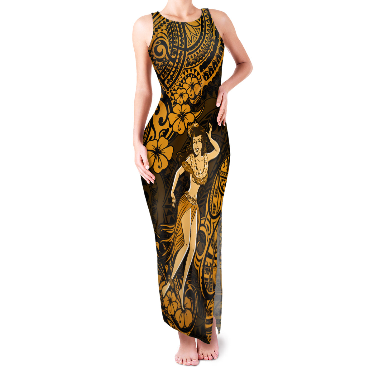 Hawaii Hula Girl Family Matching Tank Maxi Dress and Hawaiian Shirt Polynesian Pattern Gold Version LT01 Mom's Dress Gold - Polynesian Pride