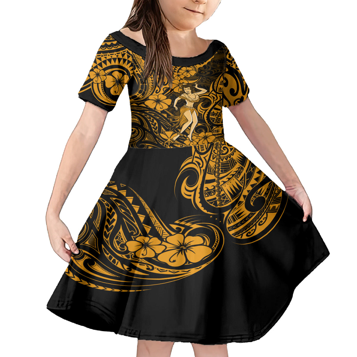 Hawaii Hula Girl Kid Short Sleeve Dress Polynesian Pattern Gold Version LT01 KID Gold - Polynesian Pride