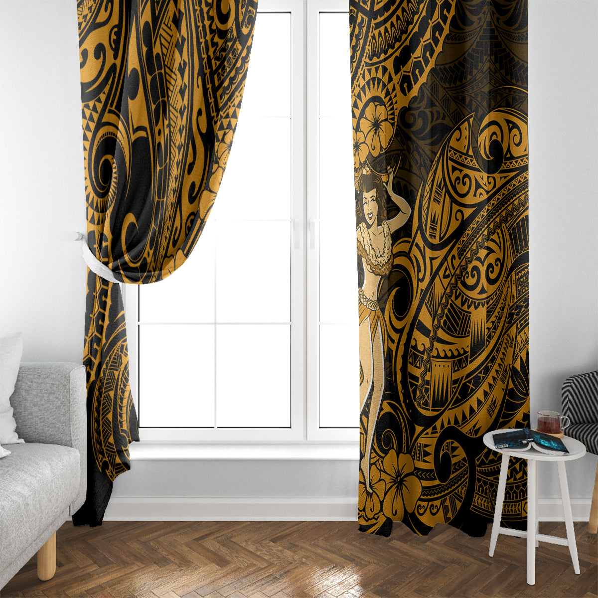 Hawaii Hula Girl Window Curtain Polynesian Pattern Gold Version LT01 - Polynesian Pride