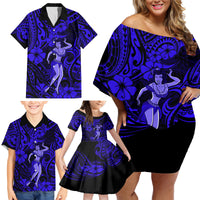 Hawaii Hula Girl Family Matching Off Shoulder Short Dress and Hawaiian Shirt Polynesian Pattern Navy Blue Version LT01 - Polynesian Pride