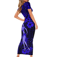 Hawaii Hula Girl Short Sleeve Bodycon Dress Polynesian Pattern Navy Blue Version LT01 - Polynesian Pride
