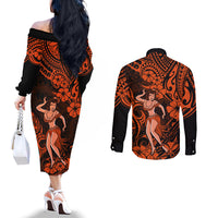 Hawaii Hula Girl Couples Matching Off The Shoulder Long Sleeve Dress and Long Sleeve Button Shirts Polynesian Pattern Orange Version LT01 - Polynesian Pride