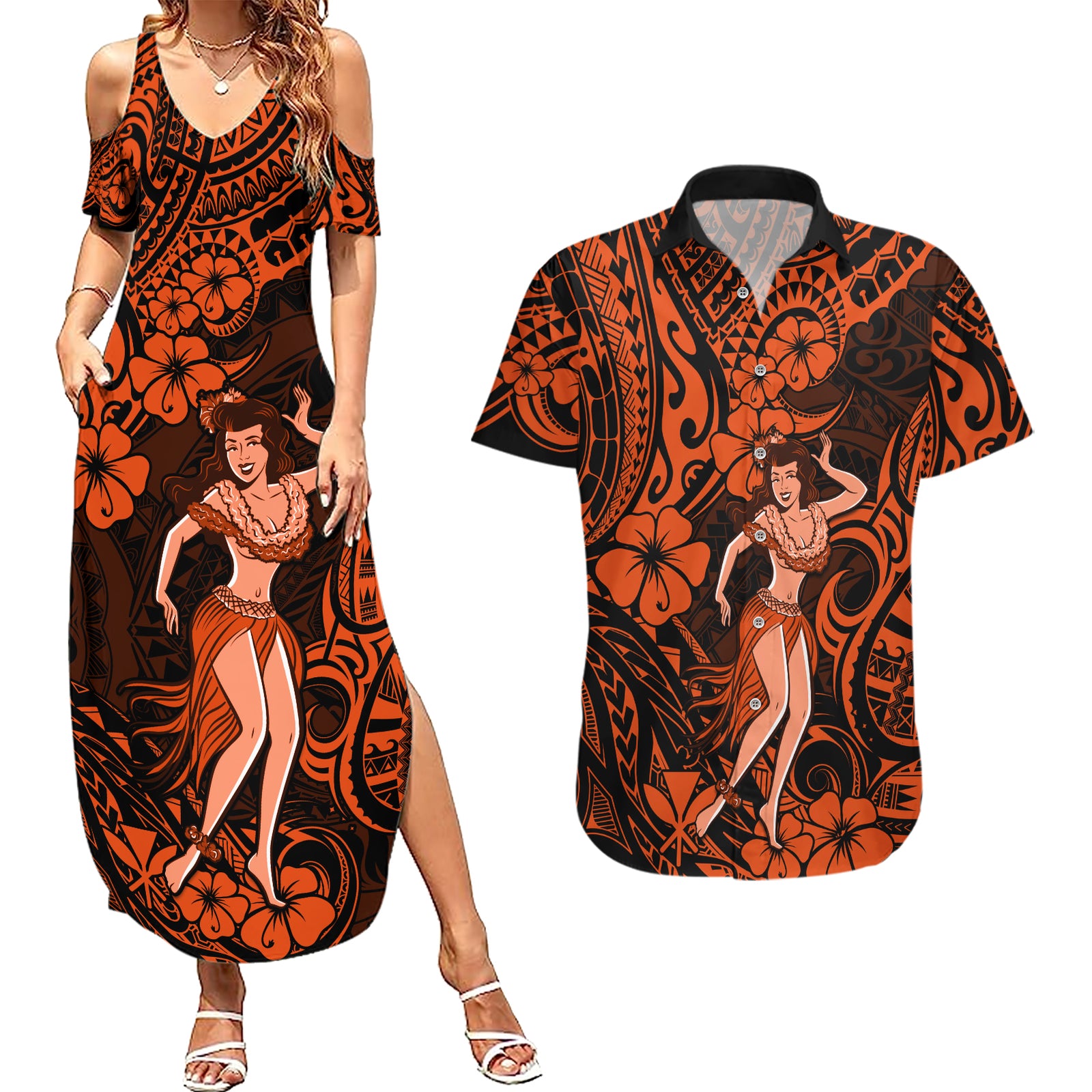 Hawaii Hula Girl Couples Matching Summer Maxi Dress and Hawaiian Shirt Polynesian Pattern Orange Version LT01 Orange - Polynesian Pride
