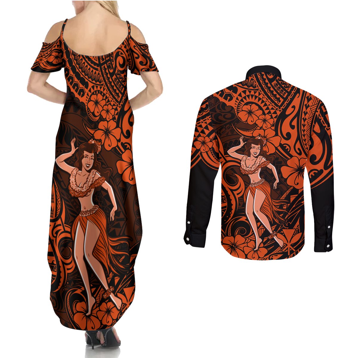 Hawaii Hula Girl Couples Matching Summer Maxi Dress and Long Sleeve Button Shirts Polynesian Pattern Orange Version LT01 - Polynesian Pride