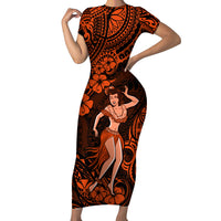 Hawaii Hula Girl Short Sleeve Bodycon Dress Polynesian Pattern Orange Version LT01 Long Dress Orange - Polynesian Pride