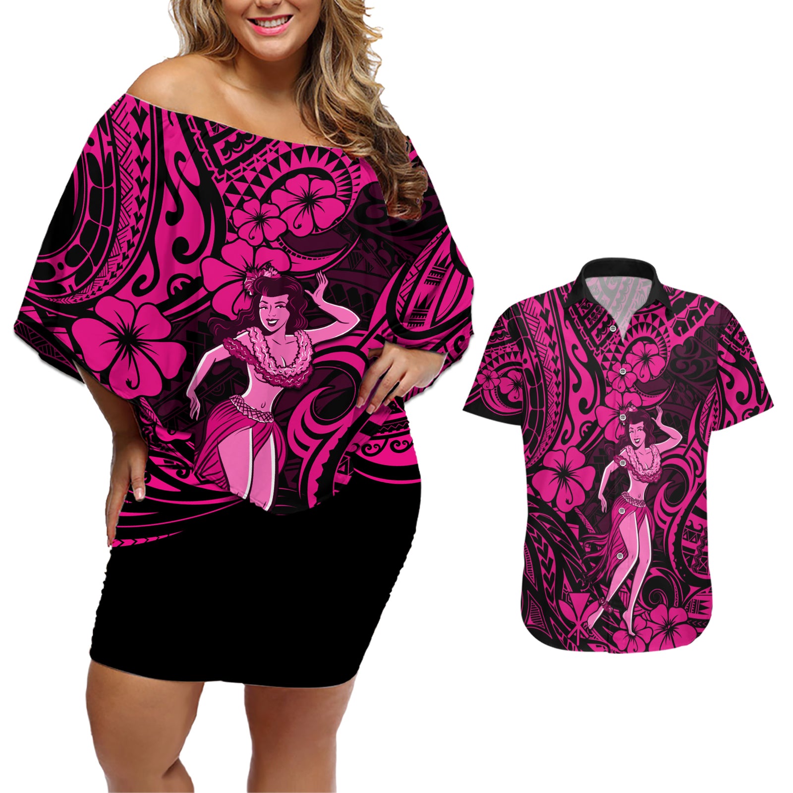 Hawaii Hula Girl Couples Matching Off Shoulder Short Dress and Hawaiian Shirt Polynesian Pattern Pink Version LT01 Pink - Polynesian Pride