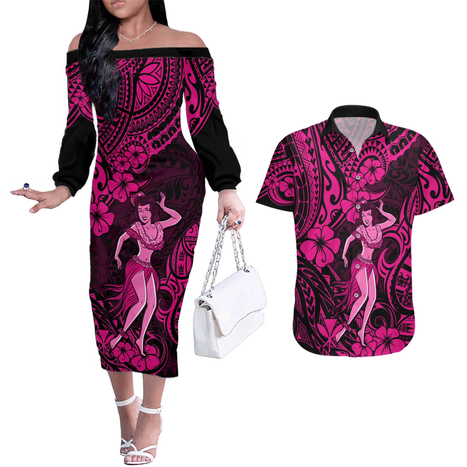 Hawaii Hula Girl Couples Matching Off The Shoulder Long Sleeve Dress and Hawaiian Shirt Polynesian Pattern Pink Version LT01 Pink - Polynesian Pride