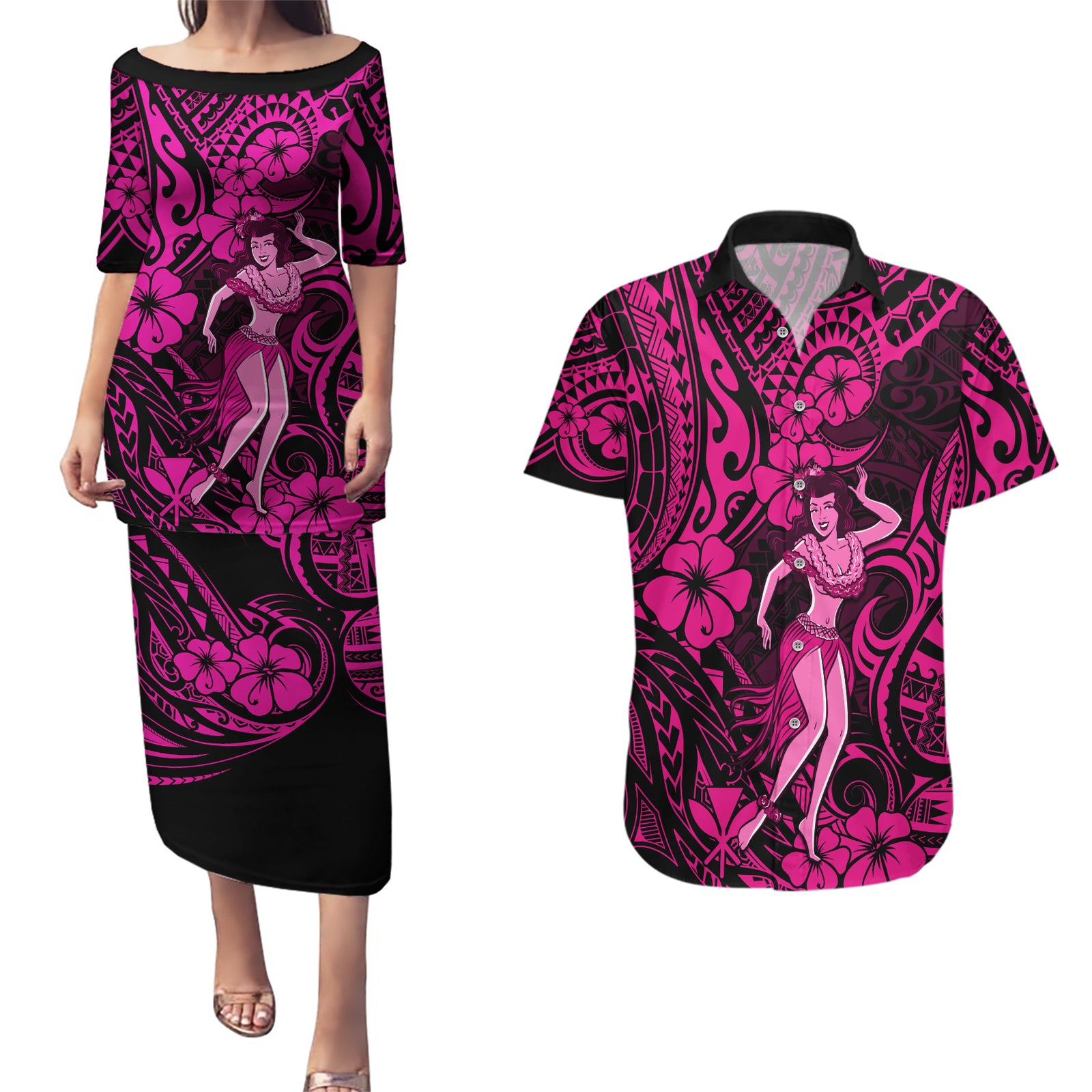 Hawaii Hula Girl Couples Matching Puletasi Dress and Hawaiian Shirt Polynesian Pattern Pink Version LT01 Pink - Polynesian Pride