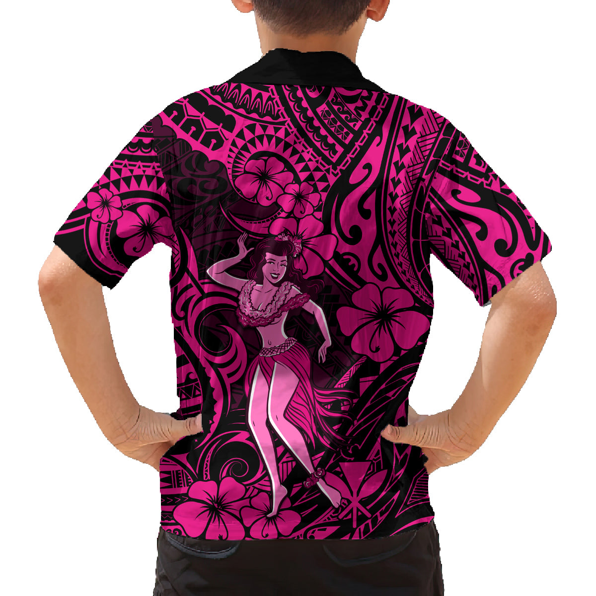 Hawaii Hula Girl Family Matching Off Shoulder Maxi Dress and Hawaiian Shirt Polynesian Pattern Pink Version LT01 - Polynesian Pride