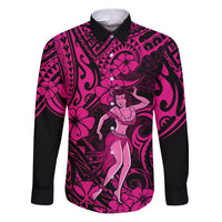 Hawaii Hula Girl Family Matching Puletasi Dress and Hawaiian Shirt Polynesian Pattern Pink Version LT01 Dad's Shirt - Long Sleeve Pink - Polynesian Pride