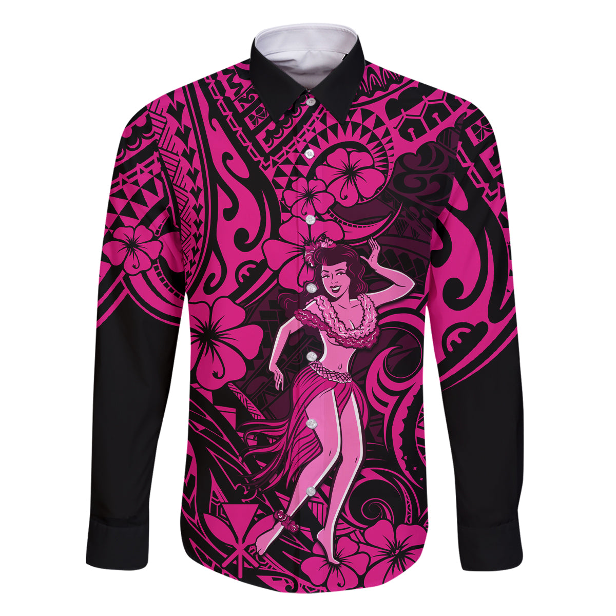 Hawaii Hula Girl Family Matching Summer Maxi Dress and Hawaiian Shirt Polynesian Pattern Pink Version LT01 Dad's Shirt - Long Sleeve Pink - Polynesian Pride