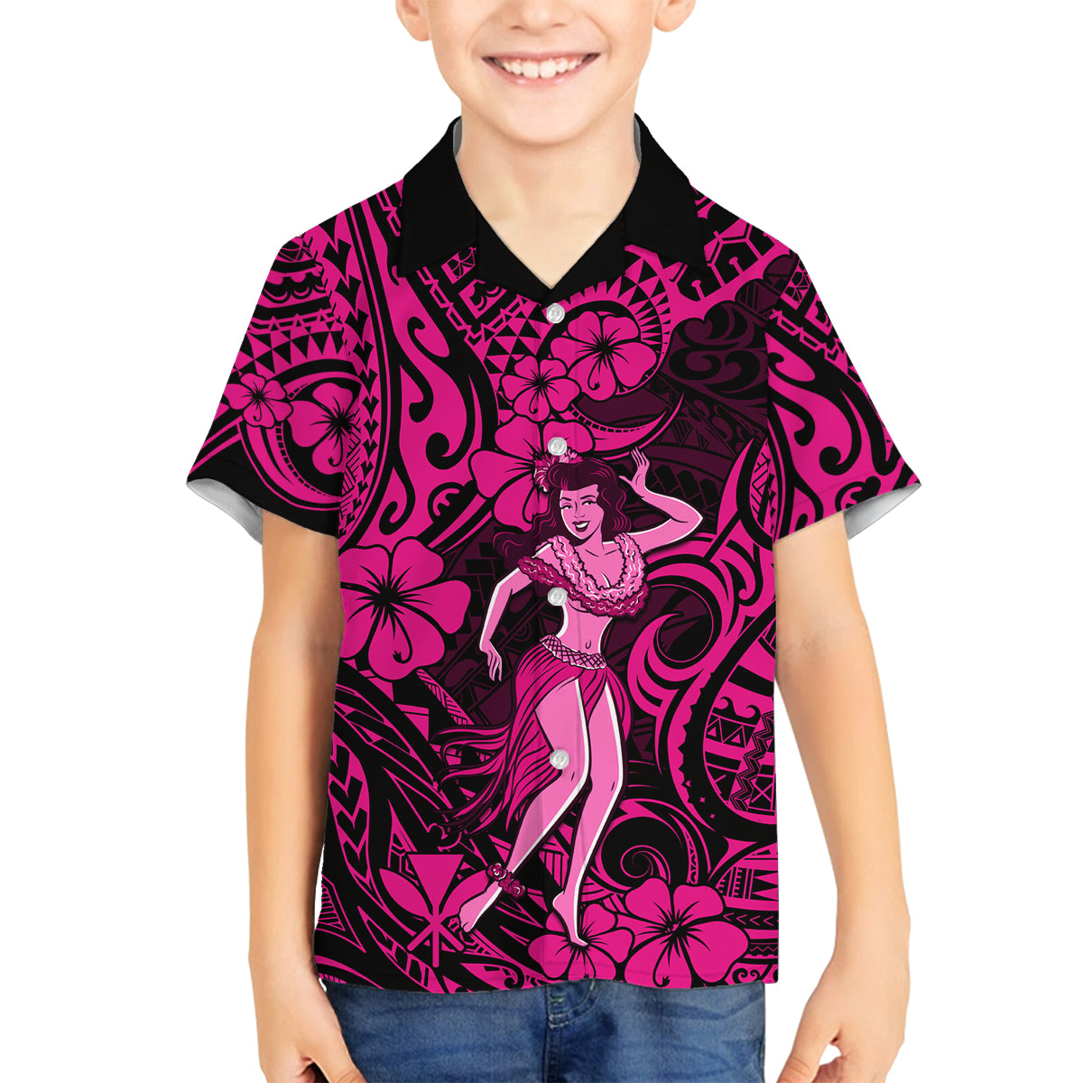 Hawaii Hula Girl Family Matching Tank Maxi Dress and Hawaiian Shirt Polynesian Pattern Pink Version LT01 Son's Shirt Pink - Polynesian Pride