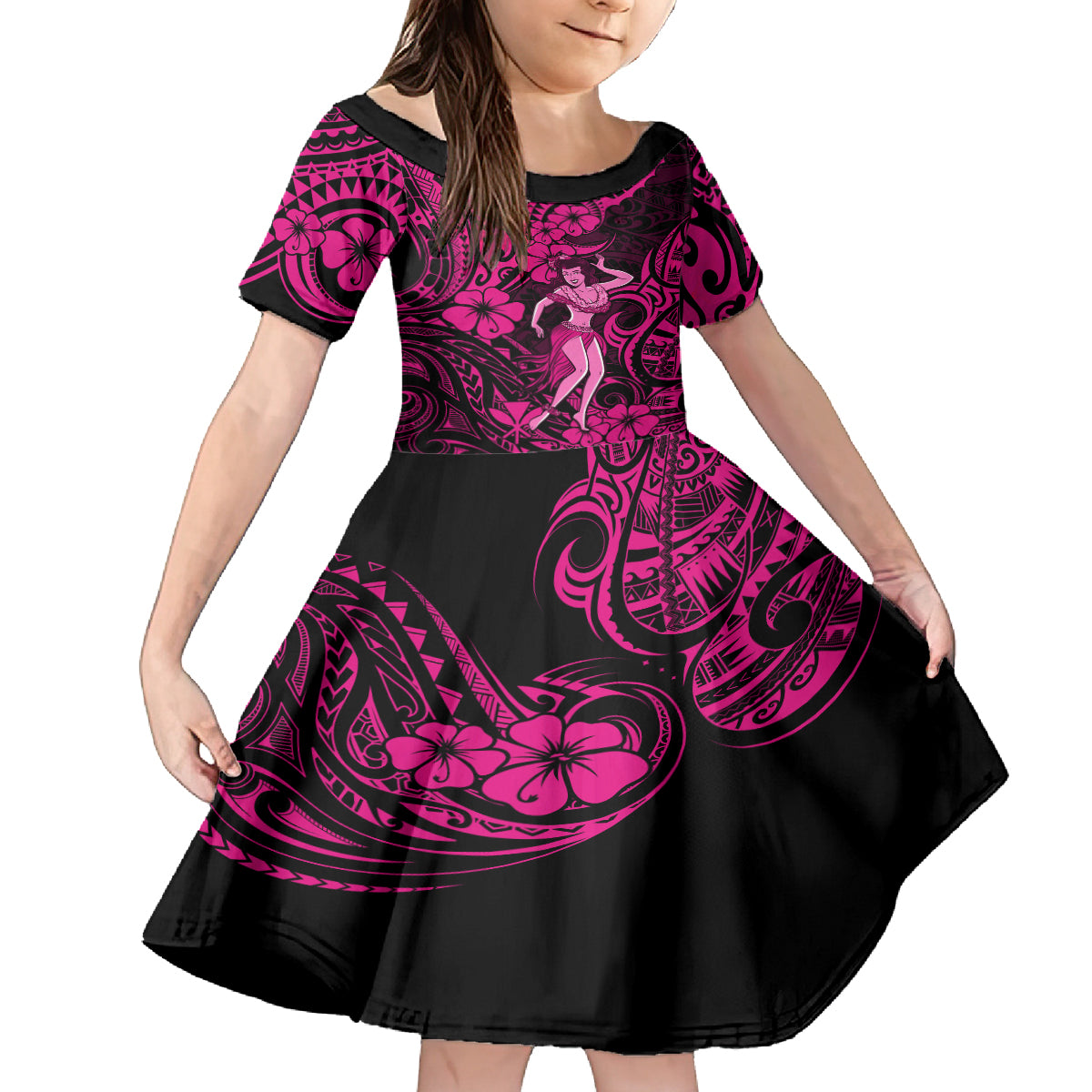 Hawaii Hula Girl Kid Short Sleeve Dress Polynesian Pattern Pink Version LT01 KID Pink - Polynesian Pride