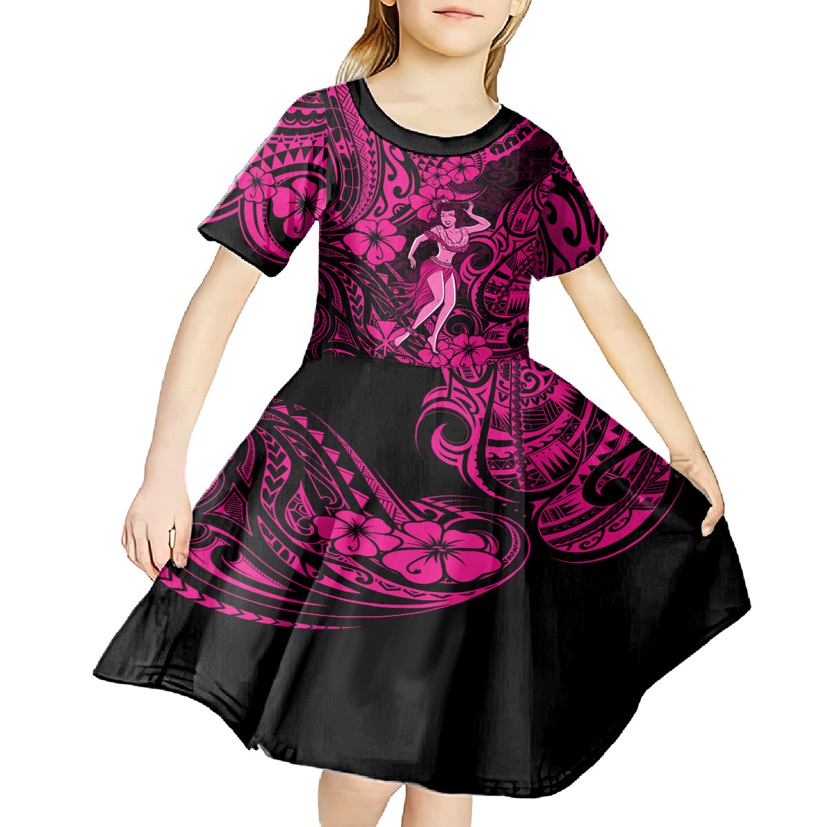 Hawaii Hula Girl Kid Short Sleeve Dress Polynesian Pattern Pink Version LT01 - Polynesian Pride