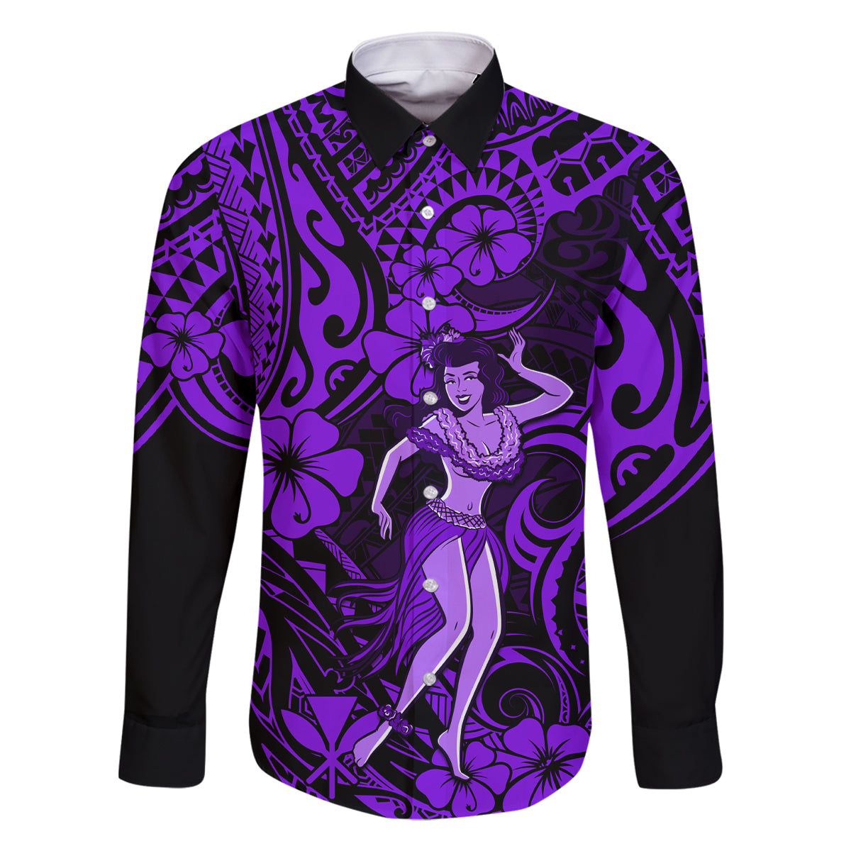 Hawaii Hula Girl Family Matching Tank Maxi Dress and Hawaiian Shirt Hibiscus Hawaii Tribal Tattoo Purple Version LT01 Dad's Shirt - Long Sleeve Purple - Polynesian Pride