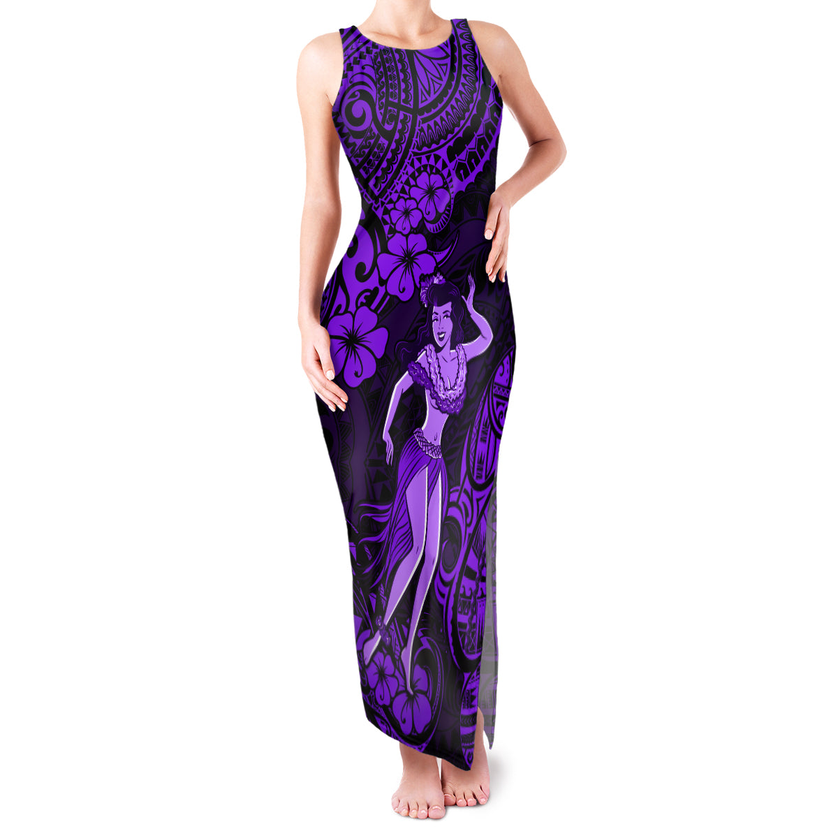 Hawaii Hula Girl Family Matching Tank Maxi Dress and Hawaiian Shirt Hibiscus Hawaii Tribal Tattoo Purple Version LT01 Mom's Dress Purple - Polynesian Pride