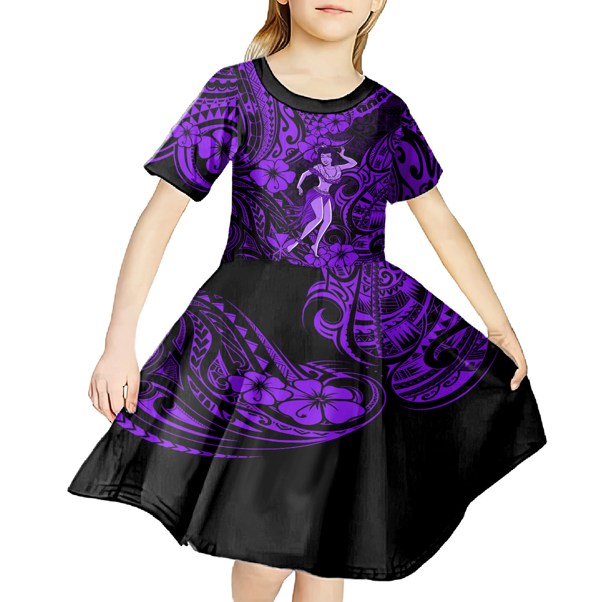 Hawaii Hula Girl Kid Short Sleeve Dress Hibiscus Hawaii Tribal Tattoo Purple Version LT01 - Polynesian Pride