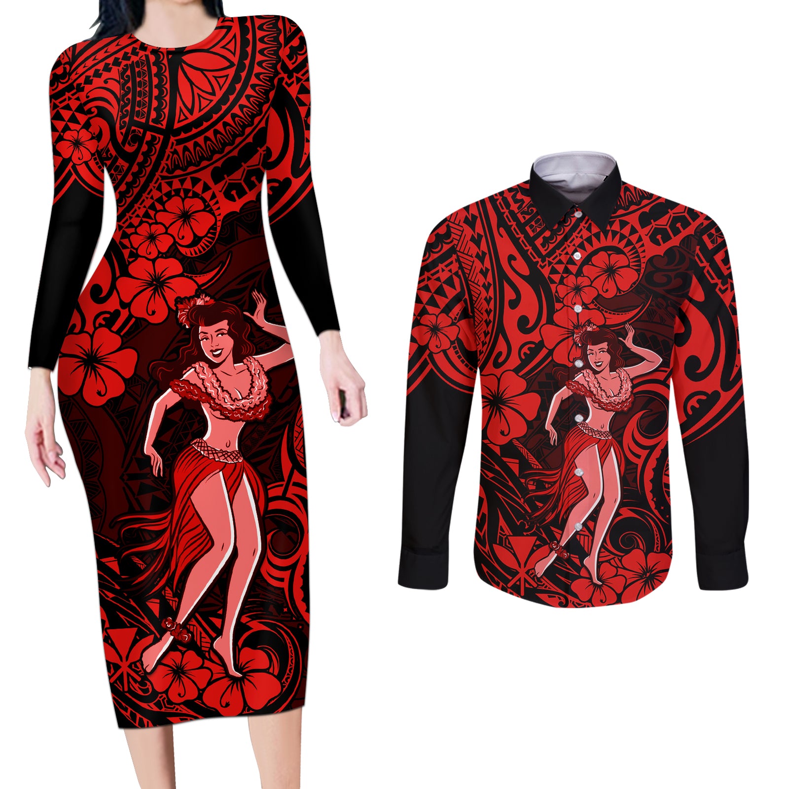 Hawaii Hula Girl Couples Matching Long Sleeve Bodycon Dress and Long Sleeve Button Shirts Hibiscus Hawaii Tribal Tattoo Red Version LT01 Red - Polynesian Pride